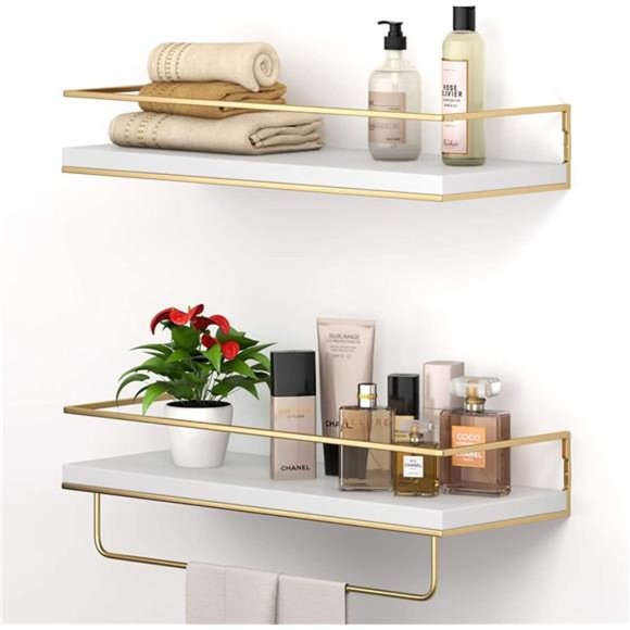 White Floating Shelves-Set of 2,Wall Mounted Hanging Shelves, Golden Towel Rack - Picture 1 of 6